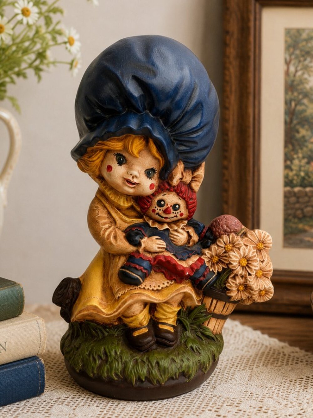 Vintage 1974 SIGNED Holly Hobbie Style Girl Figurine with Rag Doll & Flowers